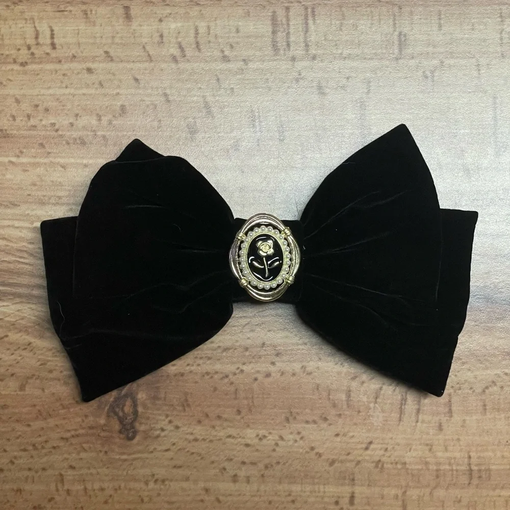 Oversized Black Velvet Rose Bow French Barrette Hair Clip